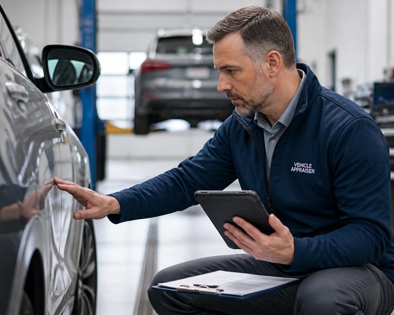 Professional vehicle appraiser inspecting a car
